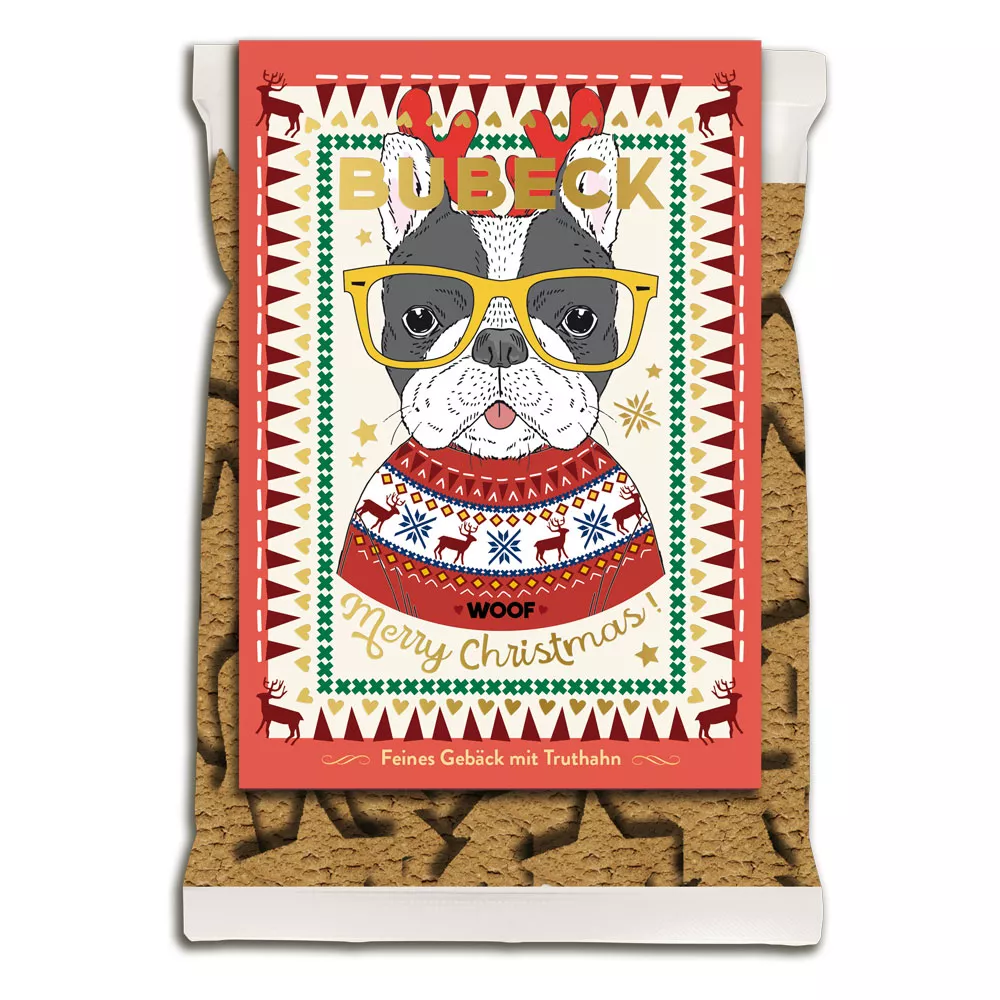 Bubeck Hundekuchenverpackung 210g Bubeck Weihnachtskekse - Motiv: Frenchie Bubeck Hundekuchenverpackung 210g Bubeck Weihnachtskekse - Motiv: Frenchie