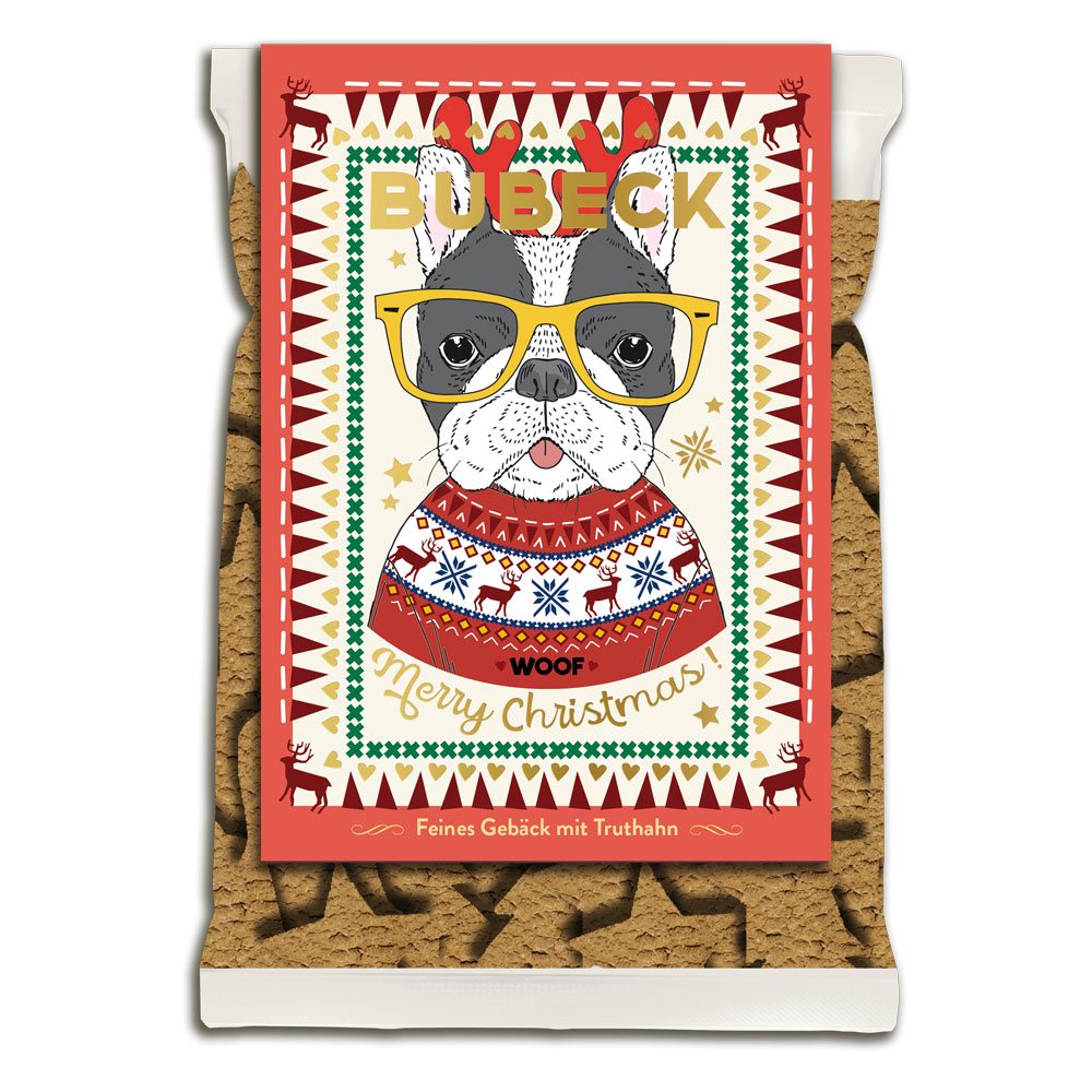 Bubeck Hundekuchenverpackung 210g Bubeck Weihnachtskekse - Motiv: Frenchie