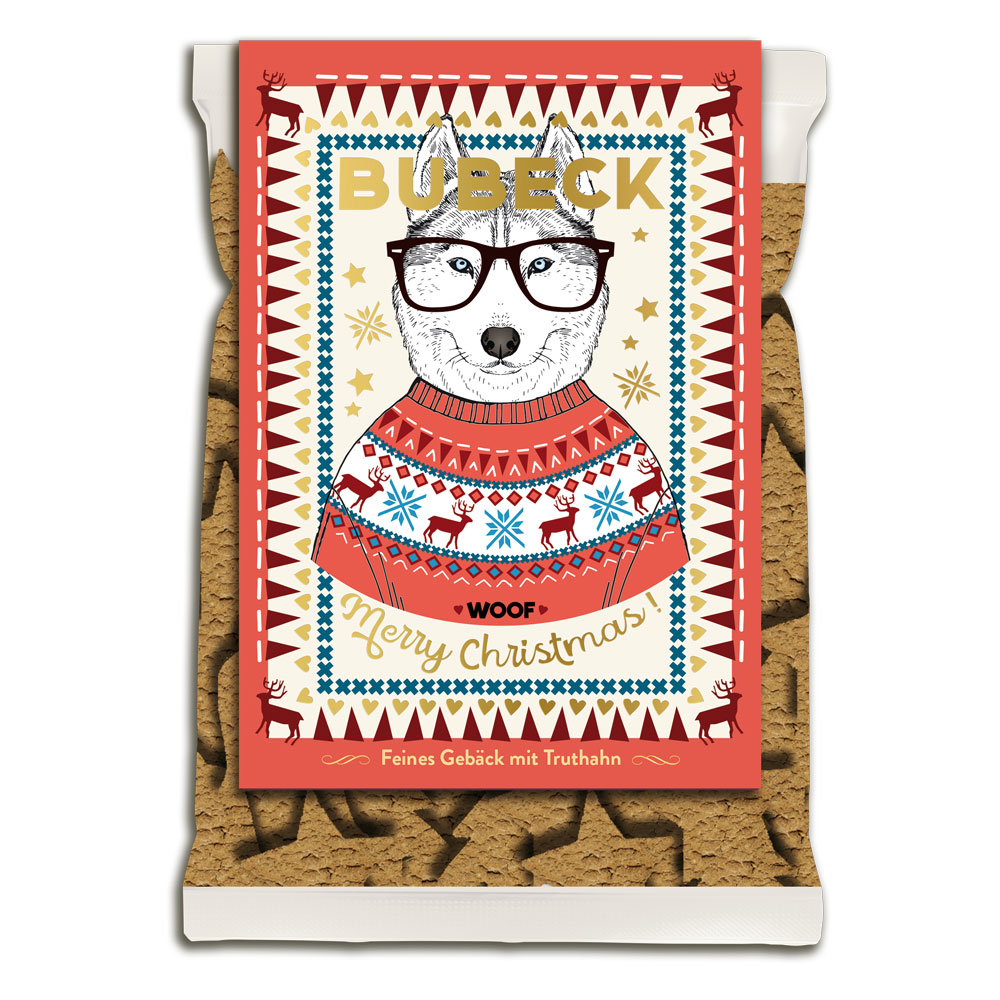 Bubeck Hundekuchenverpackung 210g Bubeck Weihnachtskekse - Motiv: Husky