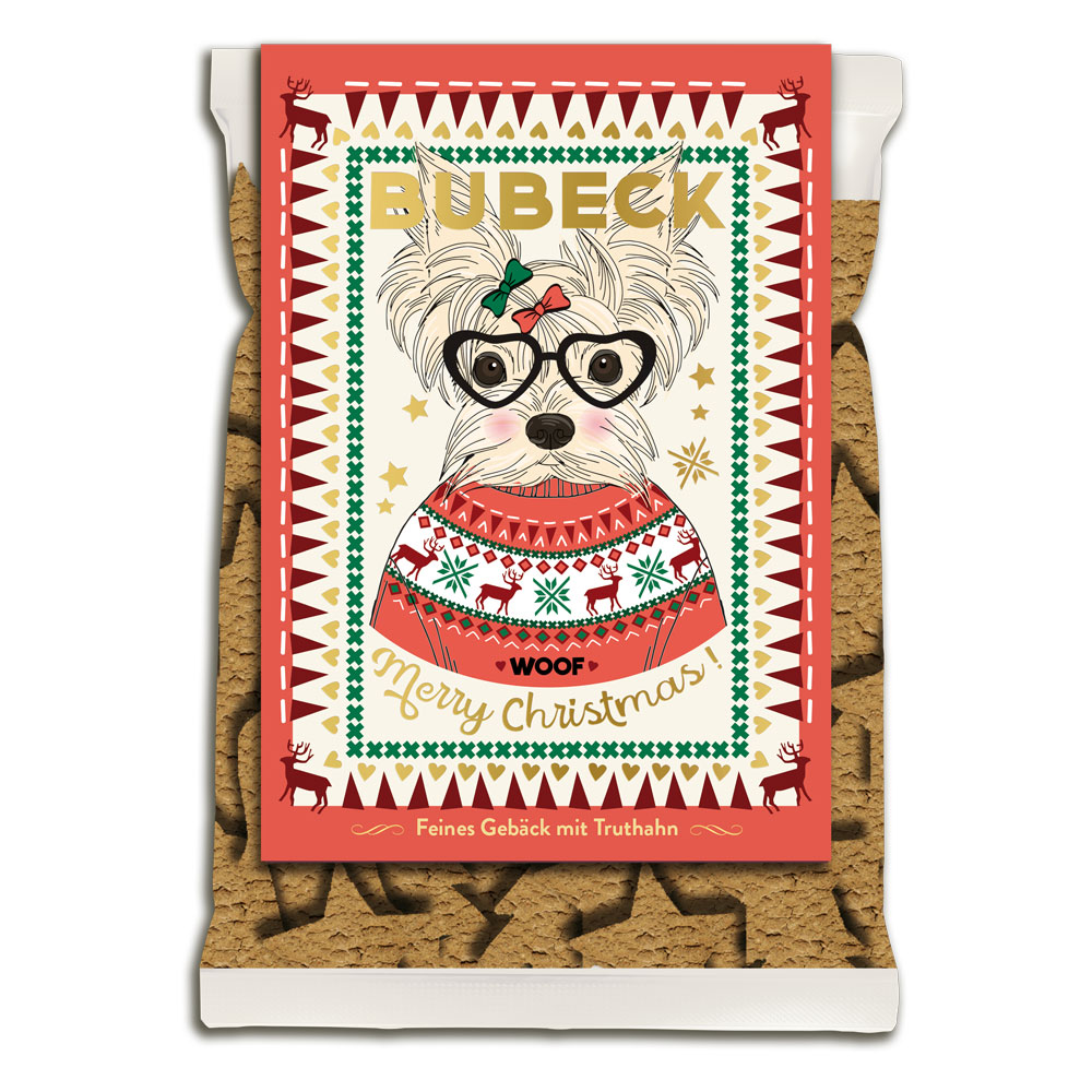 Bubeck Hundekuchenverpackung 210g Bubeck Weihnachtskekse - Motiv: Yorkie