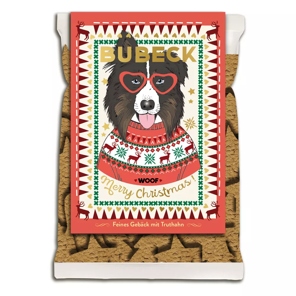 Bubeck Hundekuchenverpackung 210g Bubeck Weihnachtskekse - Motiv: Australian Shepherd Bubeck Hundekuchenverpackung 210g Bubeck Weihnachtskekse - Motiv: Australian Shepherd