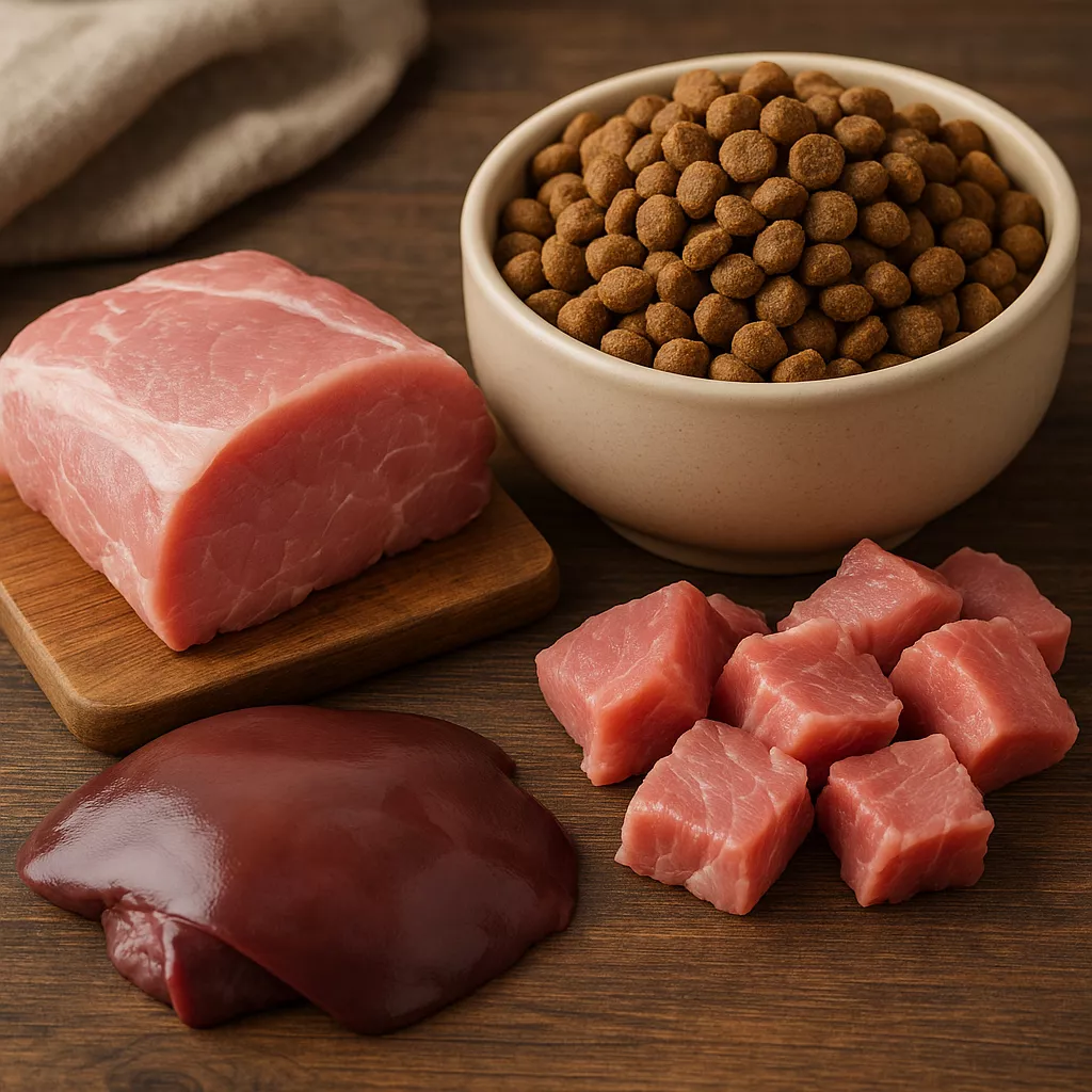 Frische Hundemahlzeiten auf Holztablett
