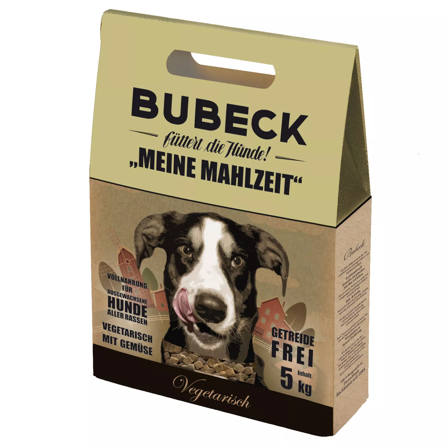 Bubeck Hundefutterverpackung 5kg Pappkarton mit Klappkarte Adult Rezeptur mit Kartoffel Meine Mahlzeit Vegetarisch