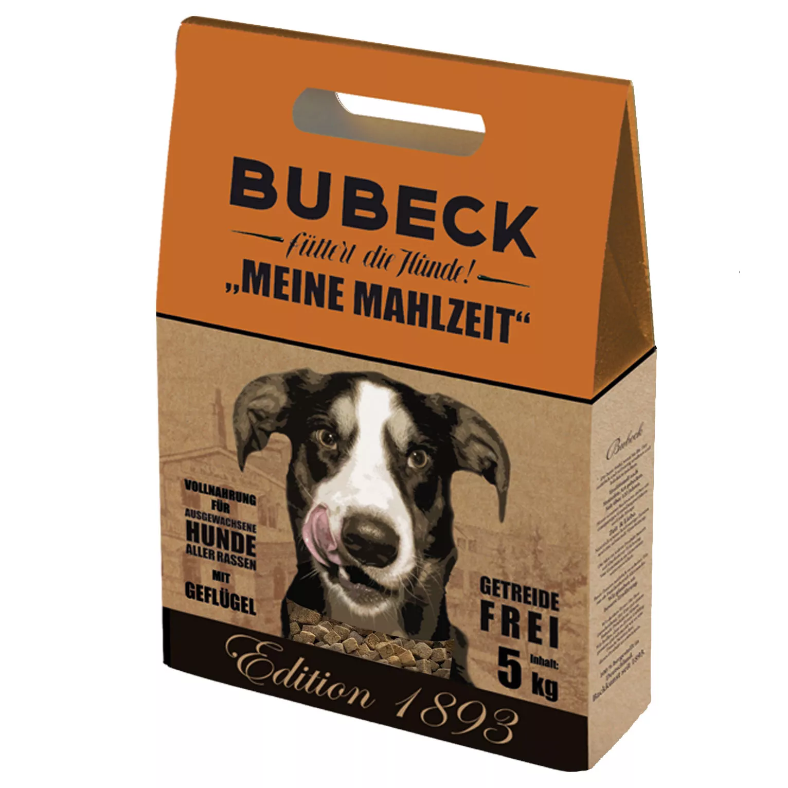 Bubeck Hundefutterverpackung 5kg Pappkarton mit Klappkarte Adult Rezeptur mit Kartoffel und Geflügel Meine Mahlzeit Geflügel