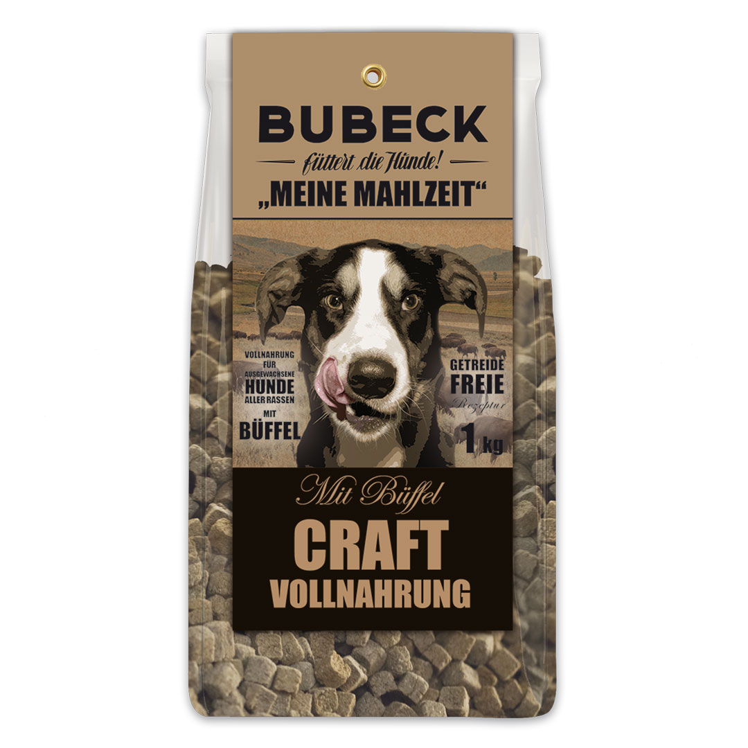 Bubeck Hundefutterverpackung 1kg Plastikbeutel mit Klappkarte Adult Rezeptur mit Kartoffel und Büffel Meine Mahlzeit