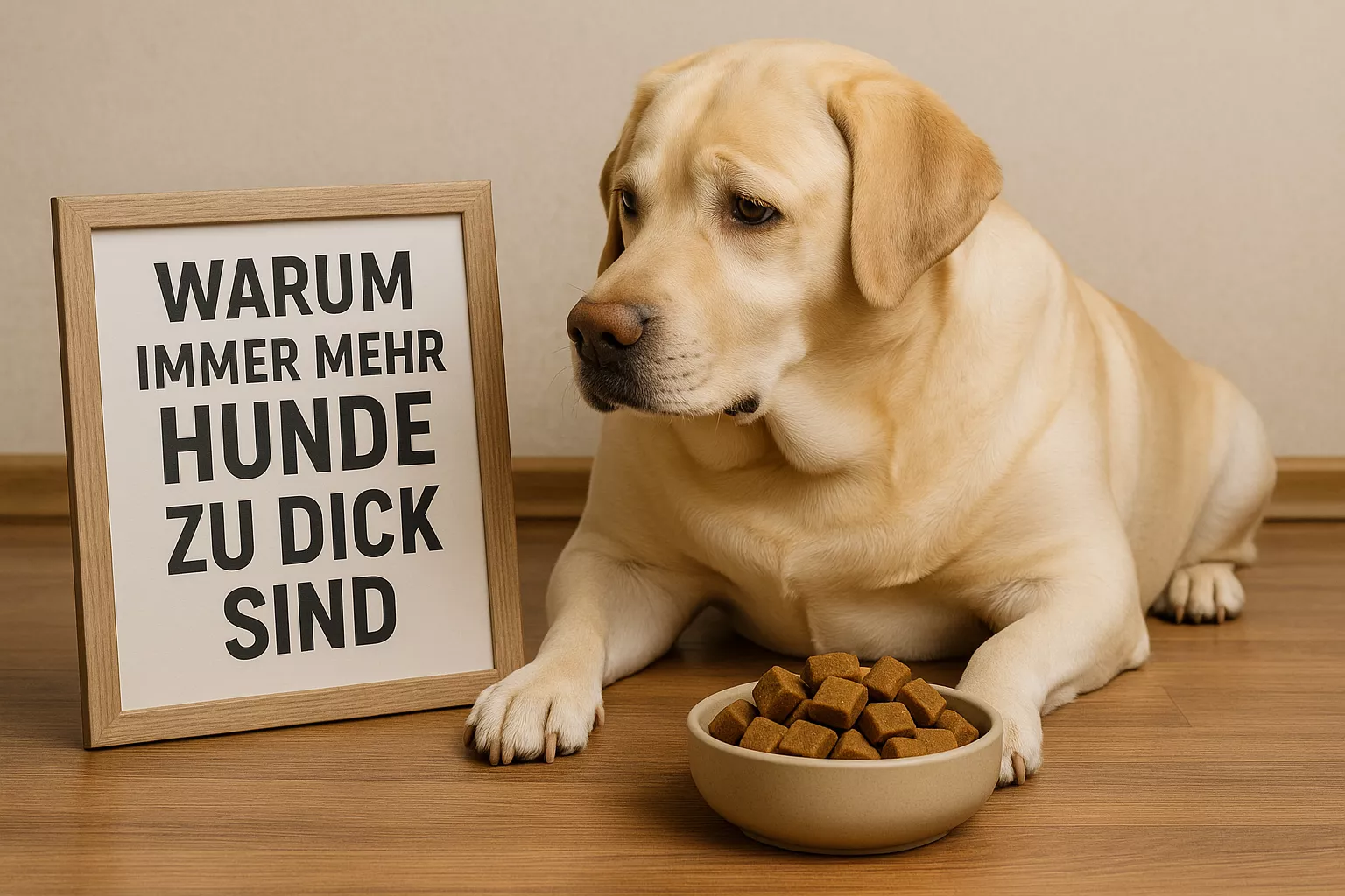 Labrador mit Leckerlis und Schild