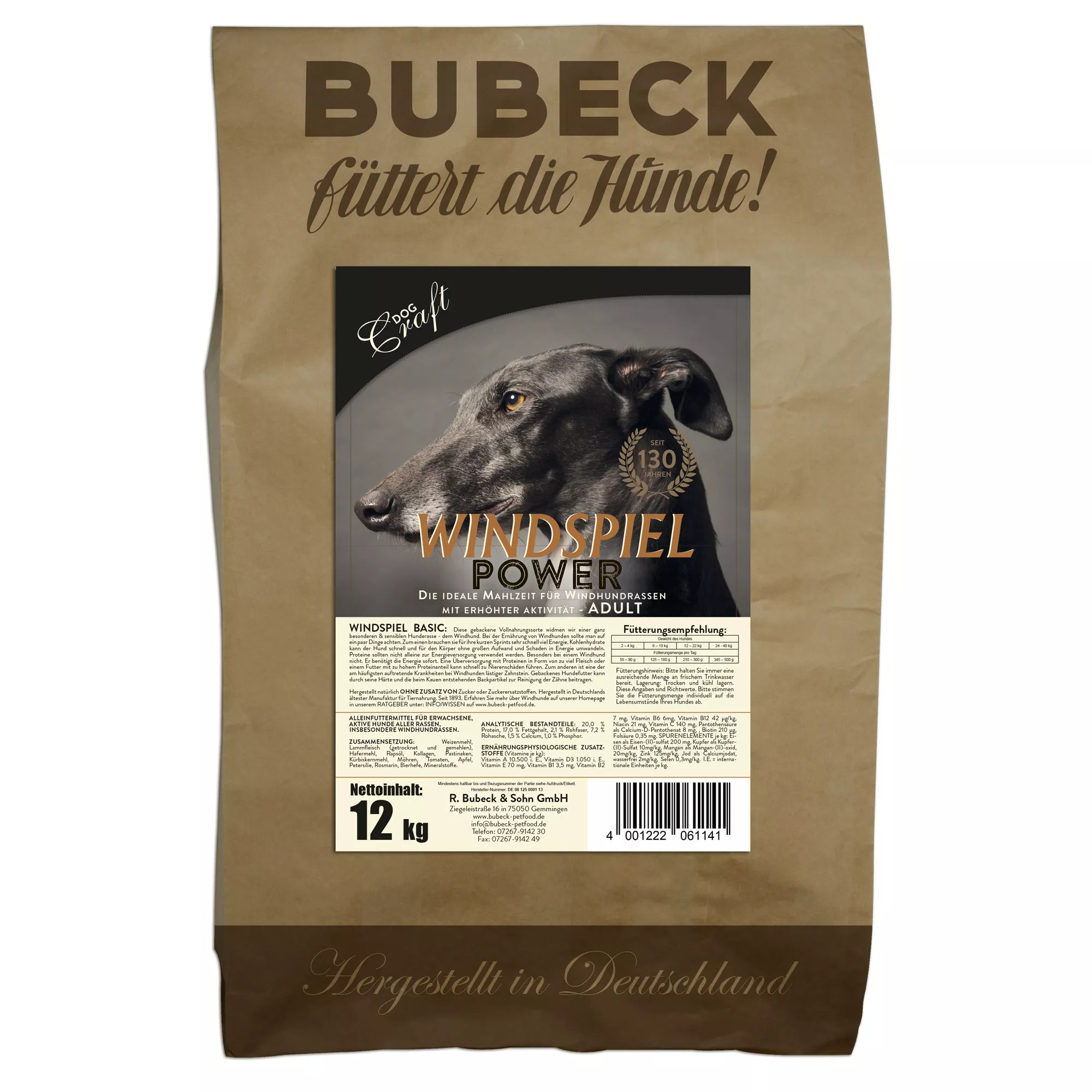 Bubeck Hundefutterverpackung 12kg Papiersack Adult Rezeptur mit Kartoffel und Weizen Windspiel Power